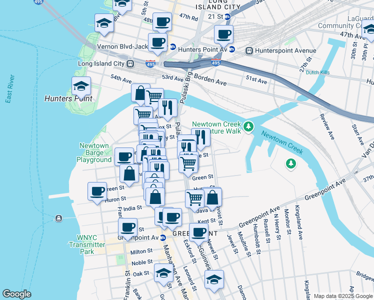 map of restaurants, bars, coffee shops, grocery stores, and more near 223 Eagle Street in Brooklyn
