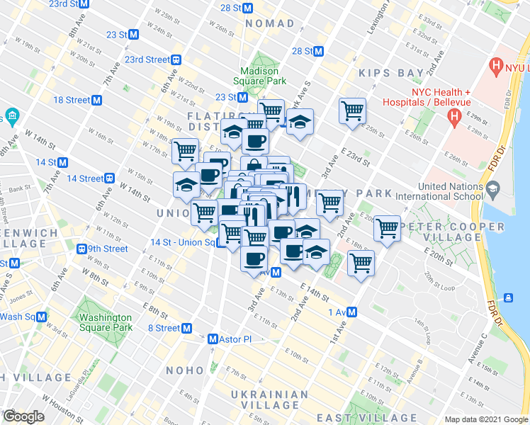 map of restaurants, bars, coffee shops, grocery stores, and more near 40 Irving Place in New York