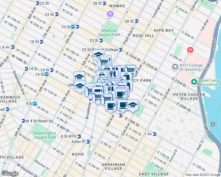 map of restaurants, bars, coffee shops, grocery stores, and more near 40 Irving Place in New York