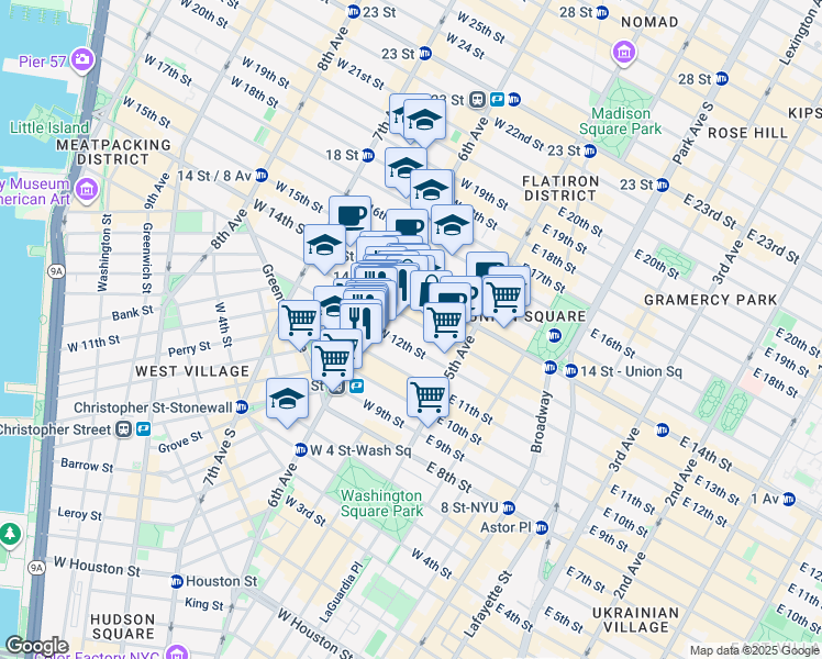 map of restaurants, bars, coffee shops, grocery stores, and more near 54 West 12th Street in New York