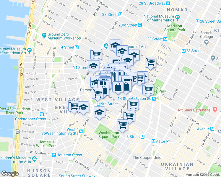 map of restaurants, bars, coffee shops, grocery stores, and more near 54 West 12th Street in New York
