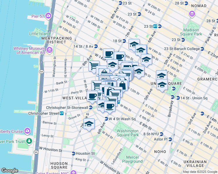map of restaurants, bars, coffee shops, grocery stores, and more near 126 West 11th Street in New York
