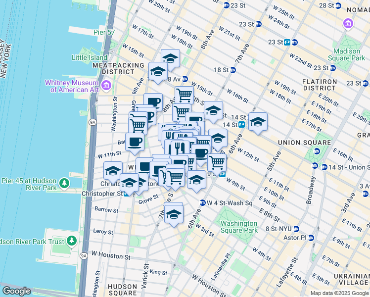 map of restaurants, bars, coffee shops, grocery stores, and more near 64 Charles Street in New York