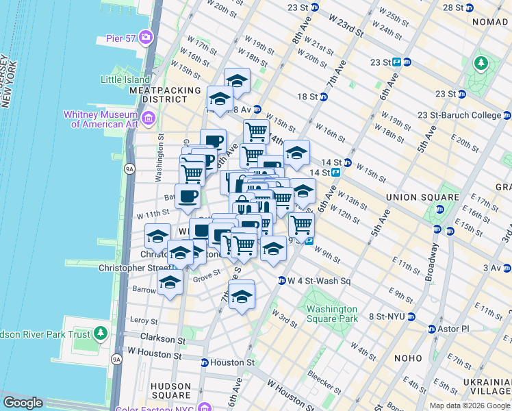 map of restaurants, bars, coffee shops, grocery stores, and more near 64 Charles Street in New York