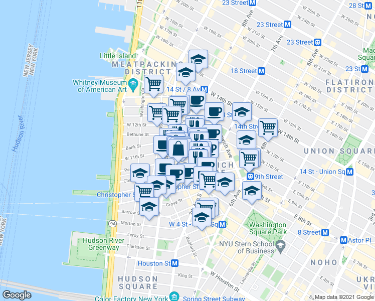 map of restaurants, bars, coffee shops, grocery stores, and more near in New York