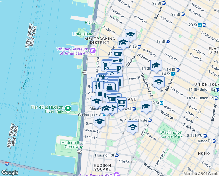 map of restaurants, bars, coffee shops, grocery stores, and more near 316 West 11th Street in New York