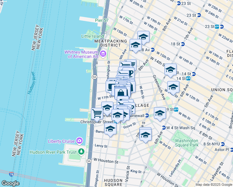 map of restaurants, bars, coffee shops, grocery stores, and more near 316 West 11th Street in New York