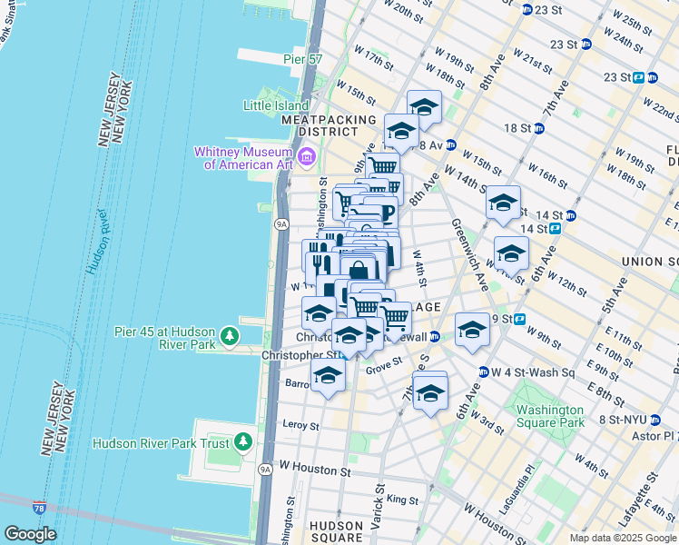 map of restaurants, bars, coffee shops, grocery stores, and more near 316 West 11th Street in New York