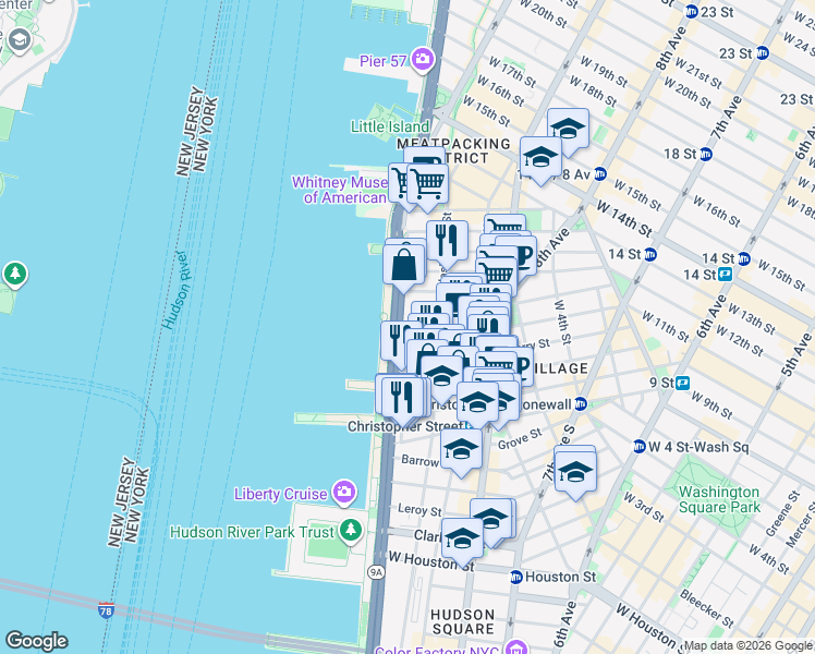 map of restaurants, bars, coffee shops, grocery stores, and more near 377 West 11th Street in New York