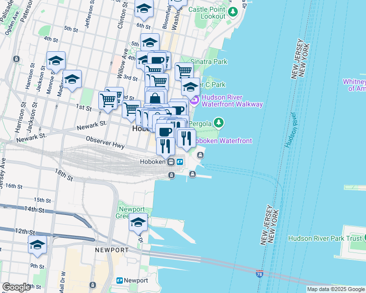 map of restaurants, bars, coffee shops, grocery stores, and more near 1 Hudson Place in Hoboken