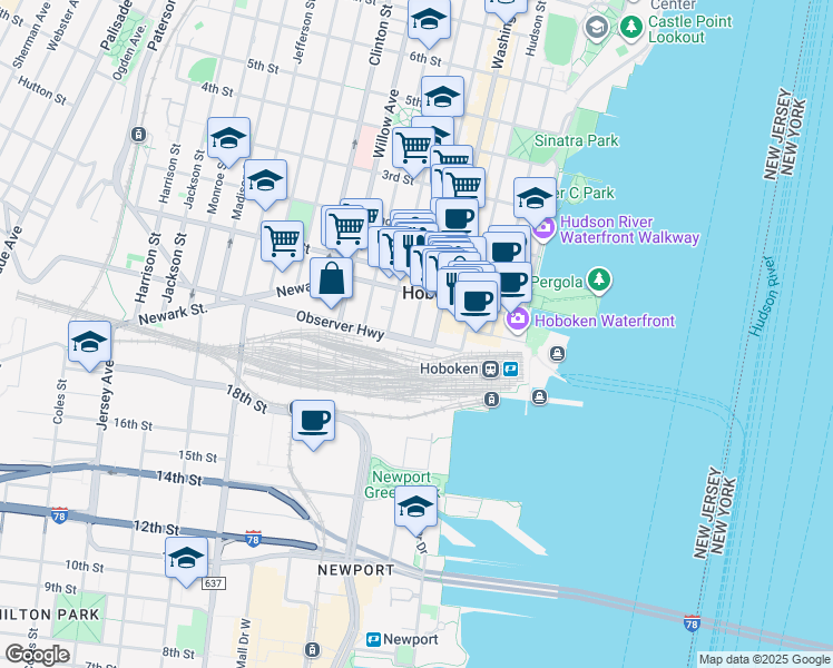 map of restaurants, bars, coffee shops, grocery stores, and more near in Hoboken