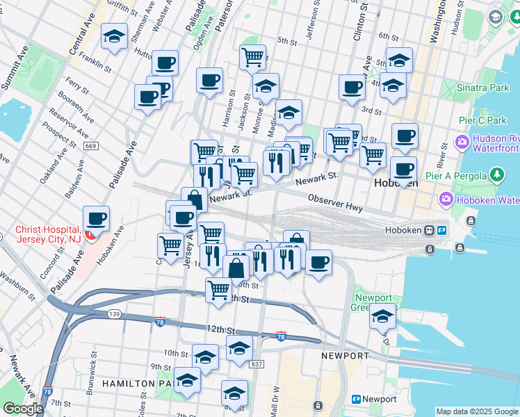 map of restaurants, bars, coffee shops, grocery stores, and more near 682 Grove Street in Jersey City
