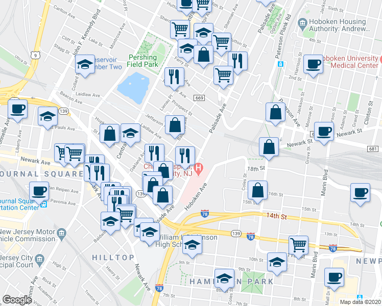 map of restaurants, bars, coffee shops, grocery stores, and more near 13 Laidlaw Avenue in Jersey City