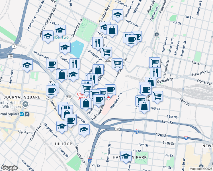 map of restaurants, bars, coffee shops, grocery stores, and more near 13 Laidlaw Avenue in Jersey City