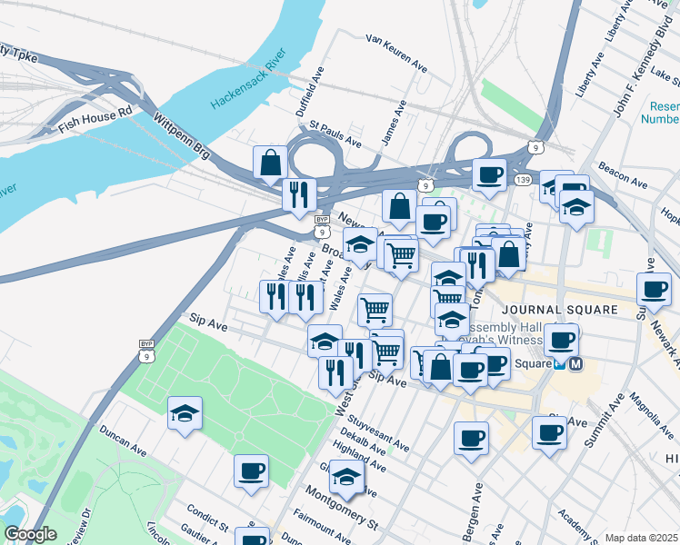 map of restaurants, bars, coffee shops, grocery stores, and more near 70 Wales Avenue in Jersey City
