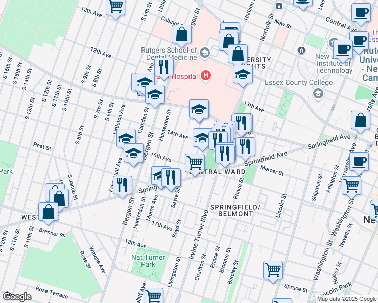 map of restaurants, bars, coffee shops, grocery stores, and more near 36 Bedford Street in Newark