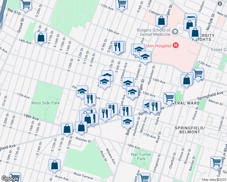 map of restaurants, bars, coffee shops, grocery stores, and more near 324 Littleton Avenue in Newark