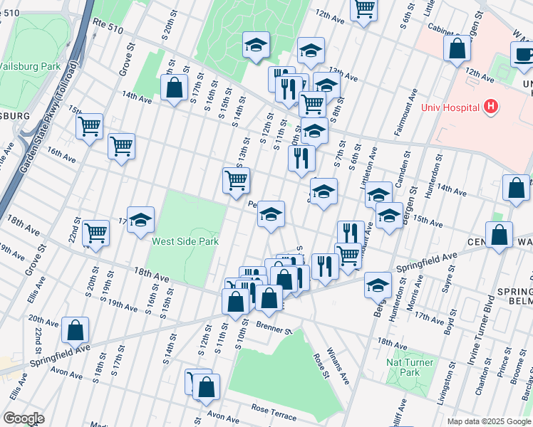 map of restaurants, bars, coffee shops, grocery stores, and more near 519 South 11th Street in Newark