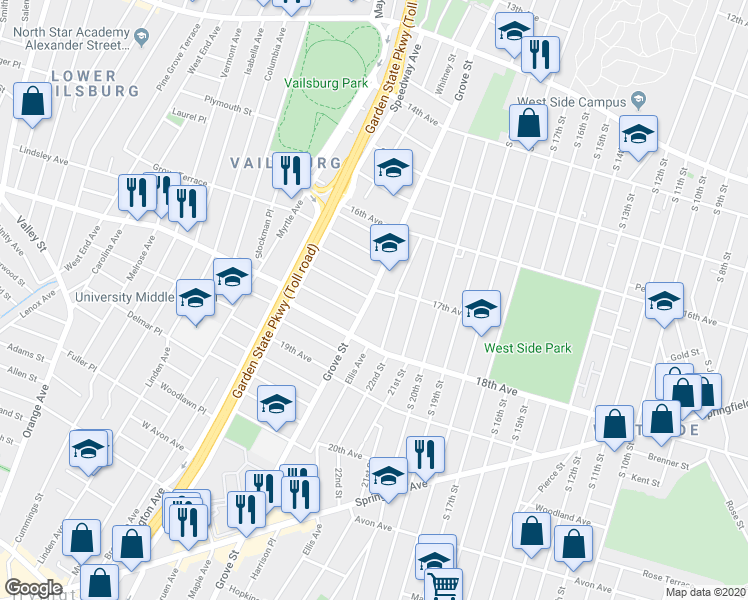 map of restaurants, bars, coffee shops, grocery stores, and more near 648 Grove Street in Irvington