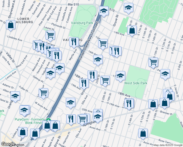 map of restaurants, bars, coffee shops, grocery stores, and more near 648 Grove Street in Irvington