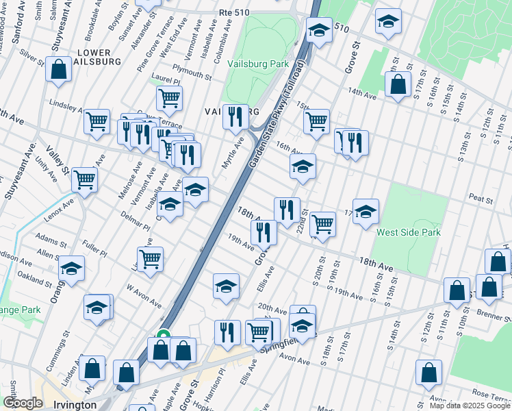 map of restaurants, bars, coffee shops, grocery stores, and more near 724 18th Avenue in Irvington