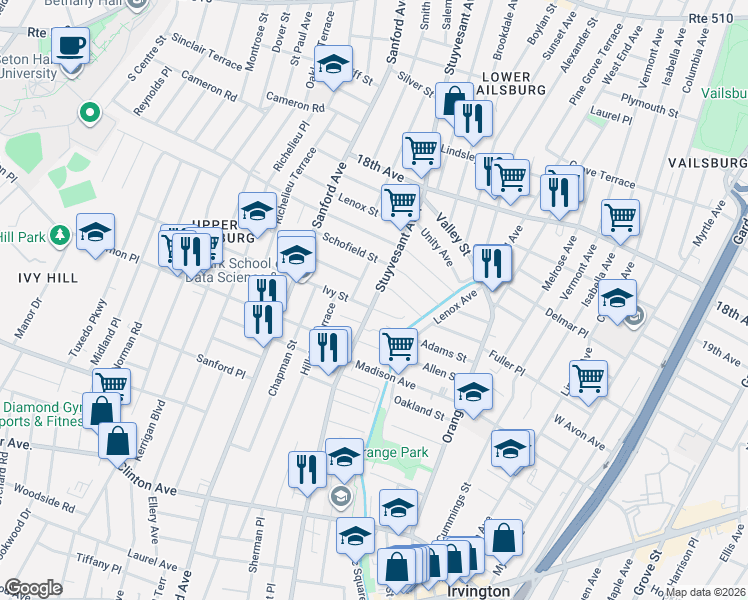 map of restaurants, bars, coffee shops, grocery stores, and more near 327 Stuyvesant Avenue in Newark