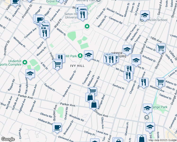 map of restaurants, bars, coffee shops, grocery stores, and more near 167 Tuxedo Parkway in Newark