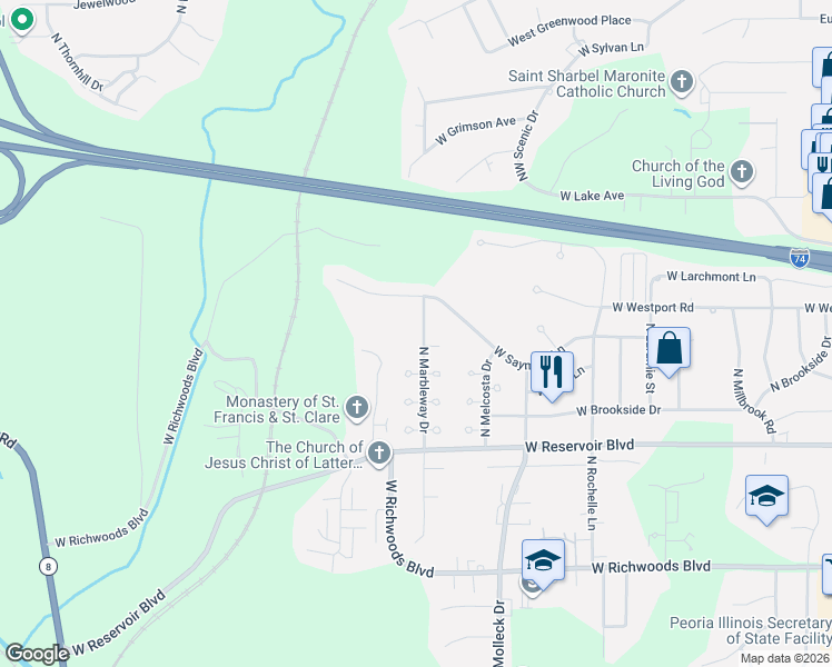 map of restaurants, bars, coffee shops, grocery stores, and more near 3917 North Marbleway Drive in Peoria