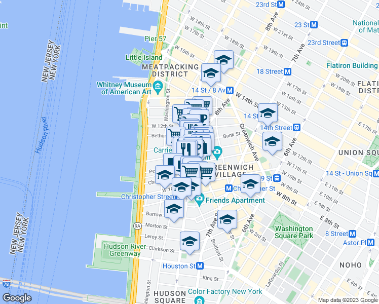 map of restaurants, bars, coffee shops, grocery stores, and more near 569 Hudson Street in New York