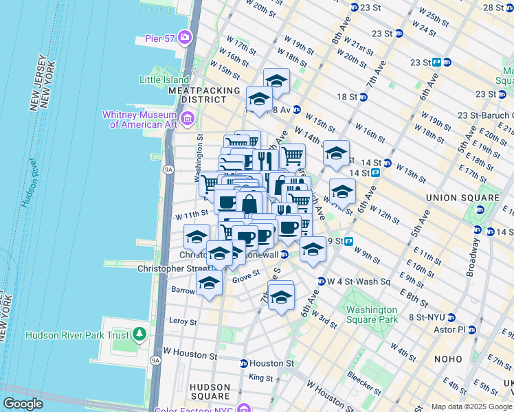 map of restaurants, bars, coffee shops, grocery stores, and more near 276 West 11th Street in New York