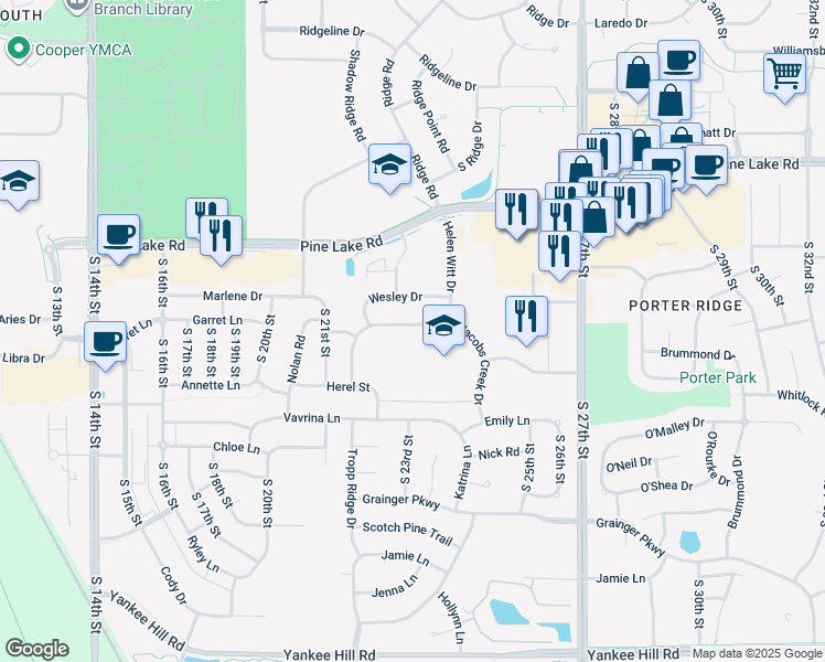map of restaurants, bars, coffee shops, grocery stores, and more near 7230 Helen Witt Drive in Lincoln