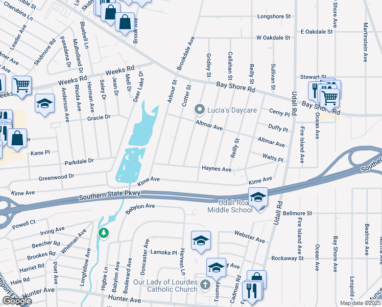 map of restaurants, bars, coffee shops, grocery stores, and more near 8 Horton Street in West Islip