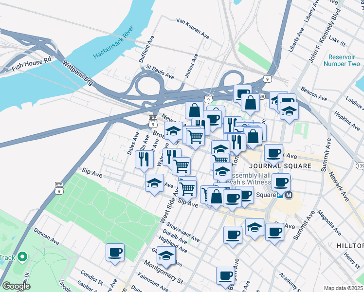 map of restaurants, bars, coffee shops, grocery stores, and more near 16 Marion Place in Jersey City