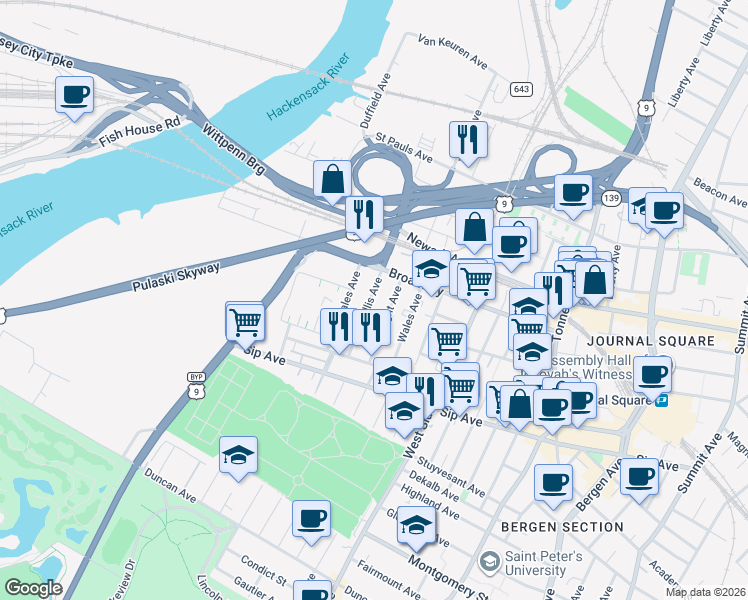 map of restaurants, bars, coffee shops, grocery stores, and more near 53 Wright Avenue in Jersey City