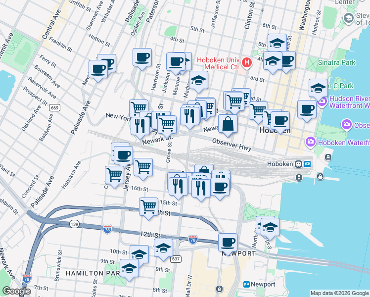 map of restaurants, bars, coffee shops, grocery stores, and more near 689 Marin Boulevard in Jersey City