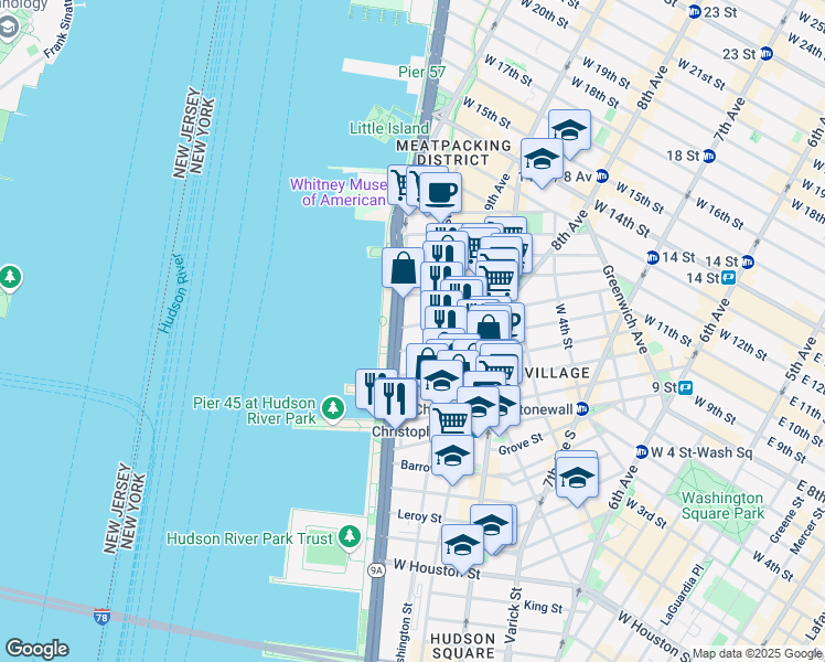 map of restaurants, bars, coffee shops, grocery stores, and more near 377 West 11th Street in New York