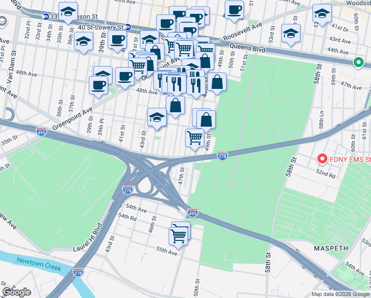 map of restaurants, bars, coffee shops, grocery stores, and more near 50-53 48th Street in Queens