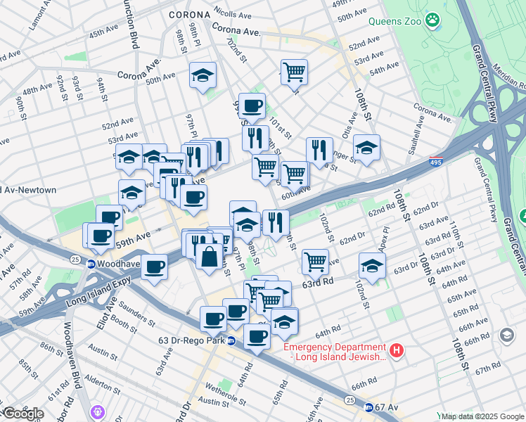 map of restaurants, bars, coffee shops, grocery stores, and more near 98-25 Horace Harding Expressway in Queens