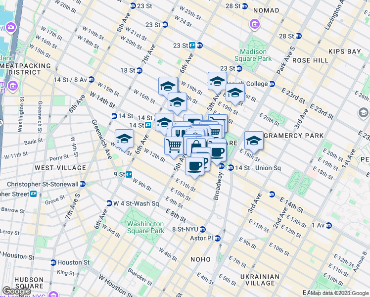 map of restaurants, bars, coffee shops, grocery stores, and more near 2 West 14th Street in New York