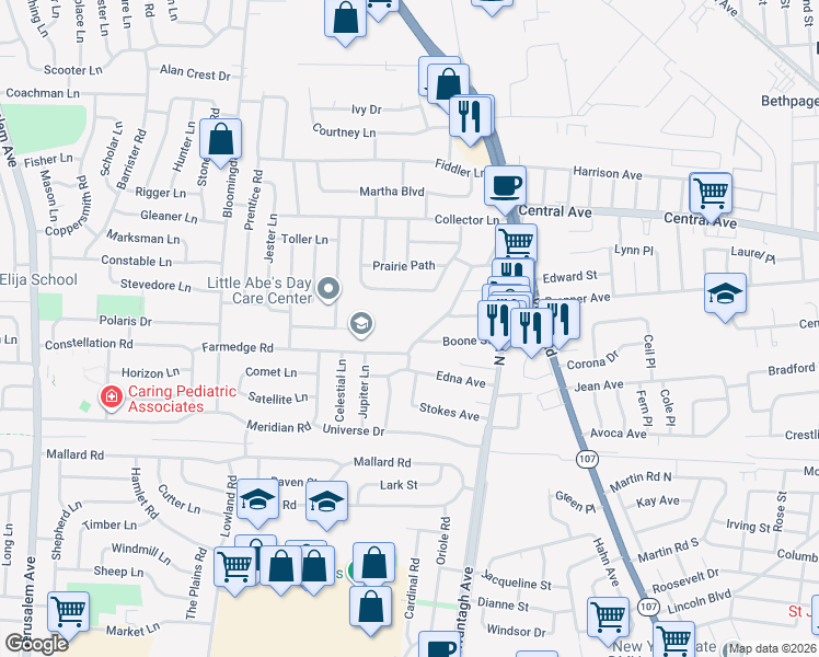 map of restaurants, bars, coffee shops, grocery stores, and more near 74 Farmedge Road in Bethpage