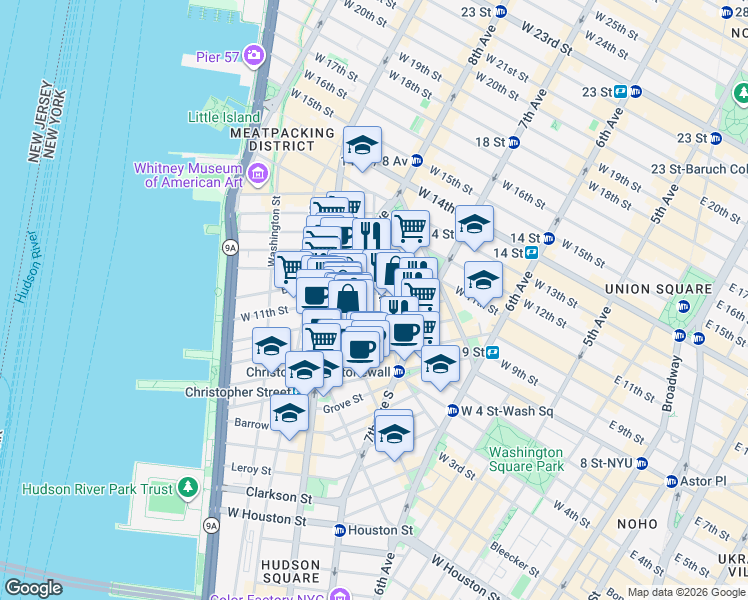 map of restaurants, bars, coffee shops, grocery stores, and more near 262 West 11th Street in New York