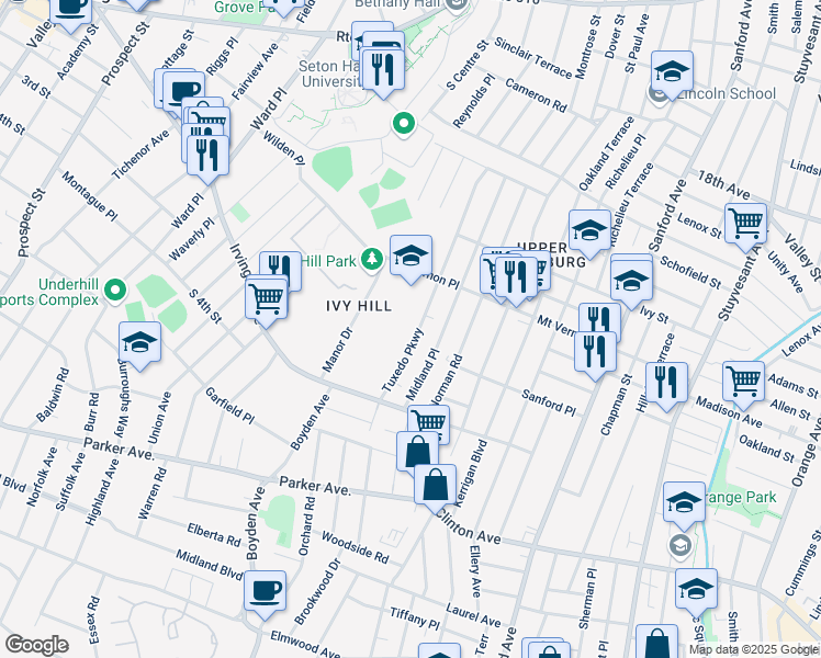 map of restaurants, bars, coffee shops, grocery stores, and more near 167 Tuxedo Parkway in Newark
