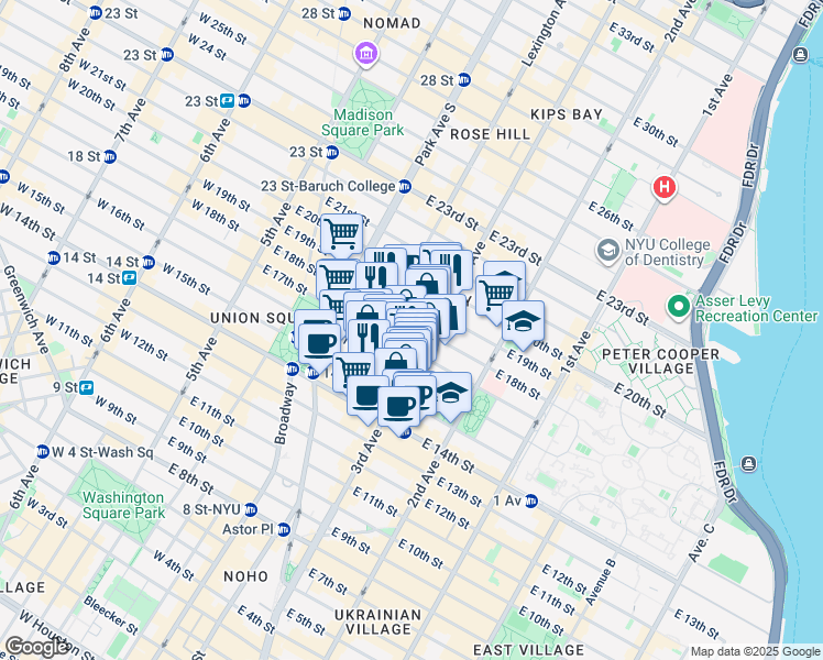 map of restaurants, bars, coffee shops, grocery stores, and more near 148 East 18th Street in New York