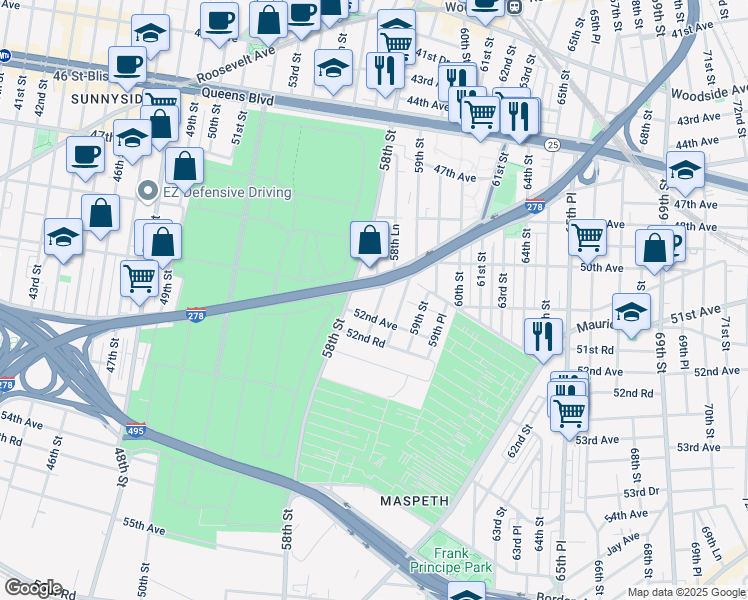 map of restaurants, bars, coffee shops, grocery stores, and more near 58-51 52nd Avenue in Queens