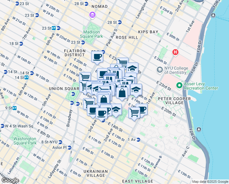 map of restaurants, bars, coffee shops, grocery stores, and more near 211 East 18th Street in New York