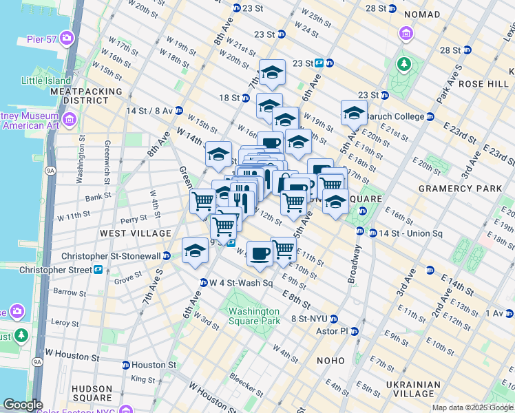 map of restaurants, bars, coffee shops, grocery stores, and more near 54 West 12th Street in New York