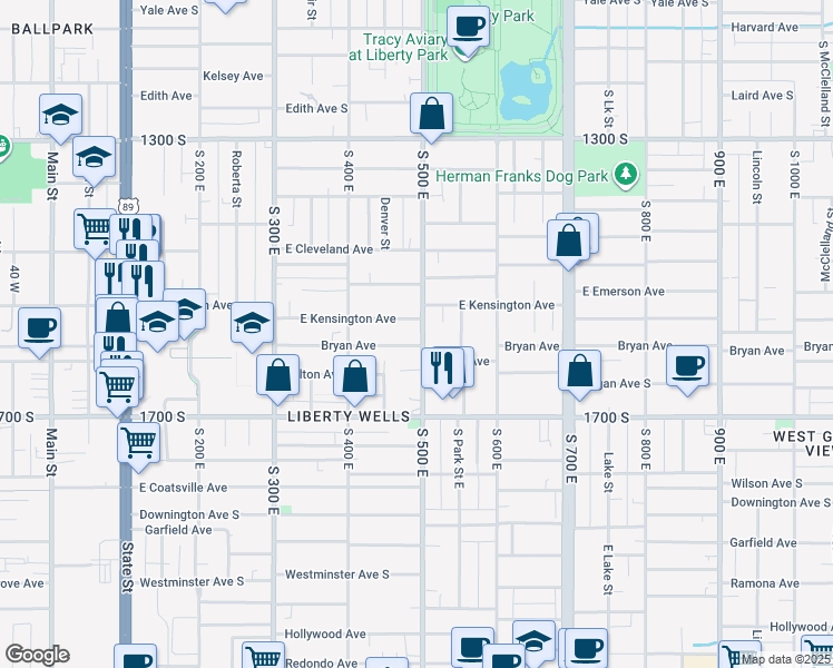 map of restaurants, bars, coffee shops, grocery stores, and more near 466 Bryan Avenue South in Salt Lake City