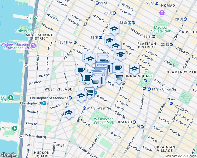 map of restaurants, bars, coffee shops, grocery stores, and more near 475 Avenue of the Americas in New York