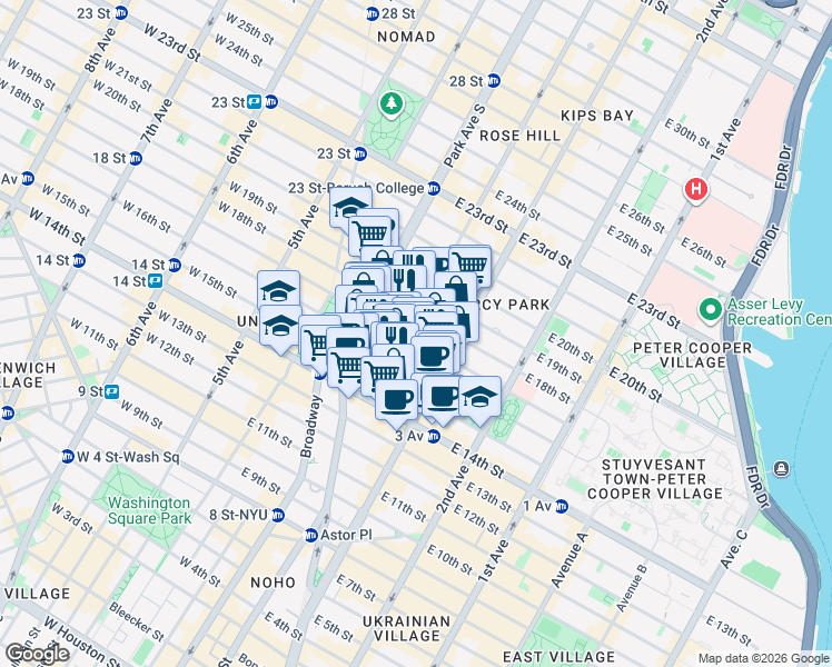 map of restaurants, bars, coffee shops, grocery stores, and more near 40 Irving Place in New York