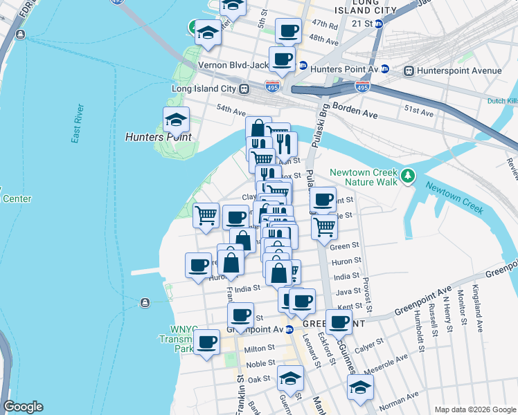 map of restaurants, bars, coffee shops, grocery stores, and more near 101 Dupont Street in Brooklyn